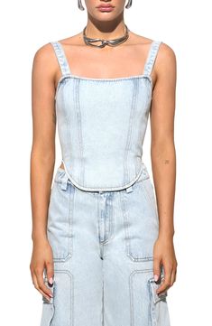 Beloved denim delves into the sultry section of your closet with a corset designed with topstitched details and turned to a sun-baked fade. 16" to 20" length (size Medium) Back zip closure Square neck 100% cotton Dry clean or hand wash, line dry Imported Denim Blue Summer Corset, Sleeveless Denim Blue Corset For Summer, Casual Denim Blue Summer Corset, Casual Denim Blue Corset For Summer, Trendy High Waist Summer Corset, Trendy Summer High Waist Corset, Trendy High-waist Summer Corset, Summer Denim Corset With Corset Back, Cropped Denim Corset For Summer