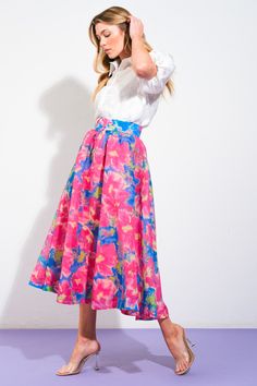 A printed woven full midi skirt featuring back zipper closure and self belt Details: Self : 100% PolyesterLining: 100% Polyester Size & Fit - Model is 5`8" And Wearing Size Small- Measurements Taken From Size Small- Approx. Length: 34" Pink Floral Print Full Skirt Bottoms, Pink Floral Print Full Skirt, Spring Multicolor Voluminous Skirt, Full Midi Skirt, Fuchsia Dress, Chiffon Floral, Flying Tomato, Curve Dresses, Floral Chiffon