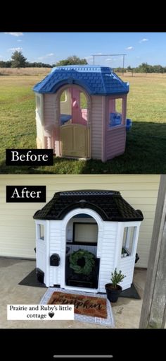 before and after photos of a dog house