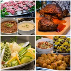 a collage of pictures with meat and vegetables