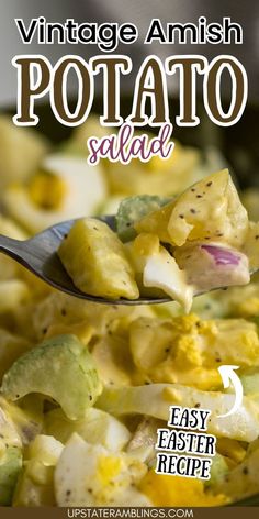 a spoon full of potato salad with text overlay