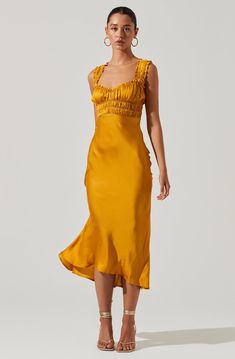 Enola Satin Smocked Midi Dress – ASTR The Label Mustard Silk Dress, Mustard Yellow Satin Dress, Yellow Midi Dress With Smocked Bodice, Mustard Floral Mini Dress, Yellow Midi-length Dress With Smocked Back, Silk Satin Dress, Midi Length Skirts, Satin Slip, Satin Slip Dress