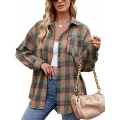 MOSHU Flannel Shirts for Women Casual Plaid Womens Tops Long Sleeve Button Down Shirts Curved Hem Blouses Introducing the ultimate addition to your wardrobe: our plaid flannel shirts for women. Designed for both style and comfort, these button-down shirts are a must-have for any fashion-forward individual. The timeless plaid pattern exudes classic charm, while the high-quality flannel fabric offers a luxuriously soft feel. These plaid womens shirts feature long sleeves with a button on the cuff, Oversized Green Shirt For Fall, Green Flannel Shirt With Buttons For Fall, Green Flannel Shirt For Fall, Oversized Casual Flannel Shirt With Buttons, Flannel Shirts For Women, Shirts For Women Casual, Womens Blouses Casual, Oversized Button Down Shirt, Womens Flannel Shirt