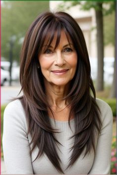 Longhair Hairstyles For Over 50, Over 50 Brunette Hair Styles, Long Layered Haircuts Over 50 Older Women, Medium Length Haircut Over 50 Women, Layered Hair For Over 50, Nice Haircuts For Long Hair, Long Hair Styles For 50+ Women With Bangs, Hairstyles For Long Length Hair With Layers, Layered Hair Women