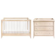 two wooden cribs and a dresser with drawers on each side, one is white