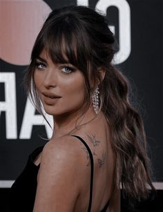 Low Ponytail With Fringe, Dakota Johnson Hair Long, Half Up Half Down Hair With Fringe, Fancy Hair With Bangs, Dakota Johnson Updo, Wedding Guest Hair With Bangs, Fringe Updo Hairstyles, Bride Hairstyles With Bangs, Formal Updo With Bangs