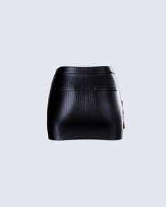 Step aside, basic - this black micro mini skirt is here to steal the spotlight 🖤 Made from vegan croc leather fabric and complete with a gold oversized buckle, a center back zipper, an asymmetrical waistline, and wrap detailing for a look that will have you serving attitude and sass 💅 Steal The Spotlight, Black Off Shoulder, Micro Mini Skirt, Croc Leather, Black Vegan, Graphic Top, White Jersey, Micro Mini, Pocket Pants