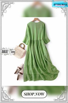 Women's Literary and Artistic Retro Texture Sense V-neck Dress Beach V-neck Midi Dress With Pockets, Green Cotton V-neck Dress, Casual V-neck Midi Dress With Gathered Sleeves, Elegant Green V-neck Linen Dress, Green V-neck Cotton Midi Dress, Retro Texture, V Neck Dress, Neck Dress, Sense