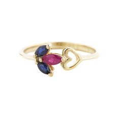 Ruby and Sapphire Ring - 14K Yellow Gold Elegant Multi-stone Heart-shaped Rings, Elegant Multi-stone Heart Rings, Heart-shaped Multi-stone Wedding Rings, Elegant Heart-shaped Birthstone Ring For Mother's Day, Wedding Multi-stone Heart Rings, Heart-shaped Sapphire Ring, Fine Jewelry, Elegant Heart Shaped Sapphire Ring As Gift, Elegant Heart-shaped Sapphire Ring Gift, Sapphire Rings For Valentine's Day