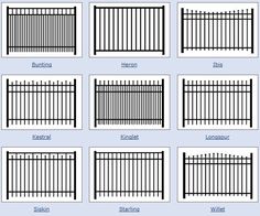 different types of fences and gates with names on the front, side, and back sides