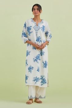 Off-white kurta featuring blue floral hand block print all over with thread and mirror embroidered neck, sleeve hem. Paired with a hand block print pant and slip. Comes with a vertical stripe hand block print dupatta. - Aza Fashions Off White Pants, Sanya Malhotra, Print Pant, White Kurta, A Line Kurta, Cotton Slip, Embroidered Pants, How To Hem Pants, Kurta With Pants