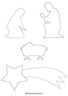 the nativity scene is outlined in black and white, with three different silhouettes