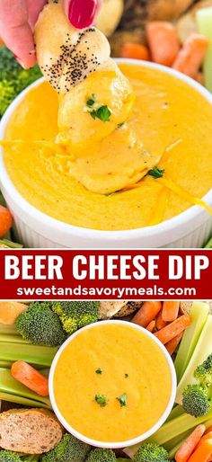 a person dipping cheese into a bowl of dip surrounded by broccoli, carrots and celery