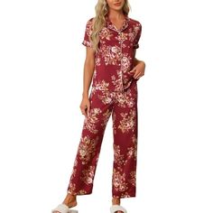 Indulge in comfort with our 2-piece satin sleepwear set, featuring a short-sleeved top and matching pants. Crafted from pure, breathable satin, this set offers a luxurious sleep experience. Available in a range of colors and patterns, it's easy to find a style that speaks to your heart. Make a thoughtful gift for your mom, wife, daughter, girlfriend, or friend. These charming sleepwear sets are an excellent choice for women who appreciate both style and comfort. Perfect for lounging, sleeping, o Silk Pjs, Satin Sleepwear, Satin Short, Casual Home, Satin Pyjama Set, Womens Pyjama Sets, Sleepwear Sets, Matching Pants, Sleeves Top