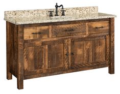 a bathroom vanity with marble top and wooden cabinetry on the bottom, along with two faucets