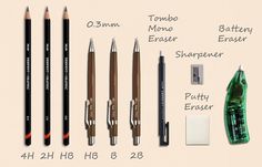 pencils, erasers, sharpener and other items are arranged on a beige background