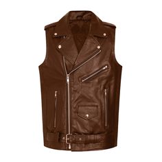 Mexico Leather Sleeveless Biker JacketDescriptionLeather Sleeveless Biker Jacket is a popular classic traditional bikers style waistcoat top choice for every man. This gilet waistcoat is expertly handcrafted with PU Leather. It is a regular fit with waist length and belt. Note: Dry Clean Only Fitted Sleeveless Leather Biker Jacket, Brown Sleeveless Biker Vest, Biker Leather Vest, Sleeveless Leather Vest For Bikers, Waistcoat Top, Leather Biker Vest Sleeveless, Biker Style, Every Man, Waist Length