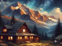 a painting of a cabin in the mountains at night with stars and clouds above it