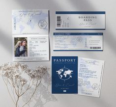 a passport, boarding cards and flowers on a white surface with blue accents are arranged next to each other