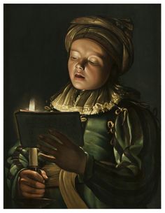 a painting of a woman reading a book with a lit candle in her hand and wearing a turban