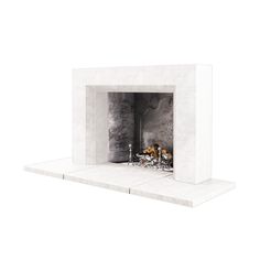 a white fireplace with two people sitting in it