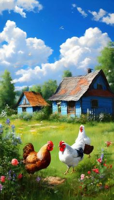 two chickens are standing in the grass near some flowers and a blue house with red roof