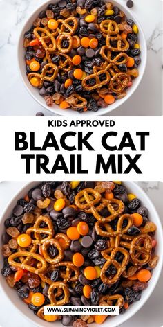 two bowls filled with black cat trail mix