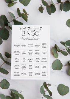 a printable wedding game with the words find the right ring on it and eucalyptus leaves