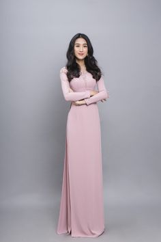 Round neck Fabric: crepe Long sleeves Type: modern ao dai Elegant Formal Ao Dai Maxi Length, Elegant Formal Maxi Length Ao Dai, Elegant Maxi Length Ao Dai For Formal Occasions, Elegant Pink Ao Dai For Formal Occasions, Elegant Floor-length Ao Dai For Banquet, Fitted Long Sleeve Ao Dai For Banquet, Fitted Long Sleeve Ao Dai For Banquets, Pink Fitted Elegant Ao Dai, Elegant Fitted Pink Ao Dai