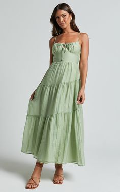 Rodeth Midi Dress - Ruched Bust Tie Front Tiered Dress in Sage | Showpo USA Sage Green Wedding Guest Dress, Green Wedding Guest Dress, Green Tiered Dress, Green Wedding Guest Dresses, Sage Green Dress, Tiered Dresses, Dress Code Wedding, Tier Dress, Sage Green Wedding