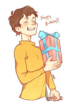 a drawing of a boy holding a birthday present