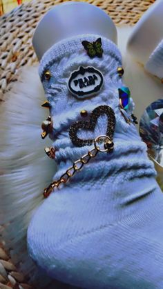 ✨ Gaudy Junkie Jeweled Slouch Sock WITH Designer logos ✨ – ✨ B.eaded E.verything by "The Croc Doc" 💕🐊 Charm Socks, Chunky Socks, Pearls Chains, Designer Logos, Bling Ideas, Custom Kicks