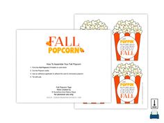 two business cards with popcorn on them and the words fall popcorn written in orange ink