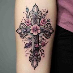 Cross And Feather Tattoo, Baptist Tattoo Ideas, Cross Forearm Tattoos For Women, Pretty Cross Tattoos For Women, Cross Butterfly Tattoo, Feminine Cross Tattoos For Women, Woodburning Design, Unique Christian Tattoos For Women, Hummingbird Tattoo Black