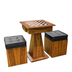 three stools and a table with chess pieces on it