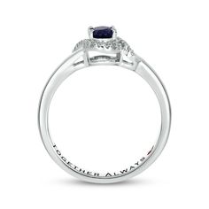 Pledge to love her for a lifetime with this vivid promise ring. An oval-cut blue lab-created sapphire is wrapped in a bypassing ribbon of round diamonds. The polished shank is the perfect backdrop. Crafted in sterling silver with a rhodium finish, this ring has a total diamond weight of 1/10 carat. Personalize your style with names or a message (up to 16 letters) inside the bottom of the band. Diamond Promise Rings, The Band, Sapphire Diamond, Promise Ring, Promise Rings, Oval Cut, Round Diamonds, Love Her, Sapphire