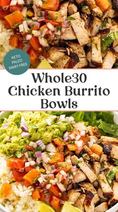 chicken burrito bowls with limes and cilantro on the side, topped with guacamole