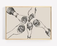 four hands holding wine glasses in a golden frame