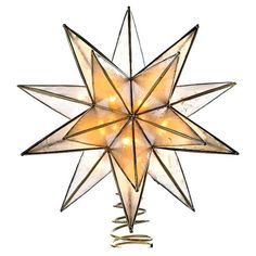 a lighted star hanging from the ceiling with lights in it's center and bottom