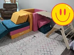 a living room filled with furniture and a smiley face