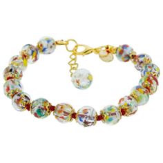 The trendy Murano Glass Bracelet handcrafted with care and passion by the world-famous Murano glass artisans features rich colors, swirling patterns, and playful sparkly look. To achieve these effects, the glass masters used ancient Sommerso technique, where colored threads of glass are submerged in a layer of transparent glass, resulting in the intricate play of color and light. The copper particles infused into glass create subtle golden glow under all lighting conditions. Stylish, artistic, a Handmade Elegant Clear Bracelets, Elegant Adjustable Glass Crystal Bracelet, Elegant Handmade Clear Bracelets, Elegant Glass Beaded Bracelets, Adjustable Multicolor Glass Bracelets, Party Multicolor Czech Glass Bracelets, Multicolor Czech Glass Bracelets For Party, Multicolor Glass Bracelets For Party, Adjustable Multicolor Crystal Glass Bracelet