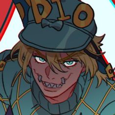 an animated image of a man wearing a hat with evil teeth and big blue eyes