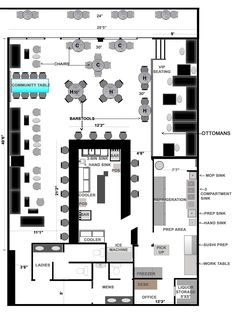 a floor plan for a restaurant with tables and chairs, seating areas, and other items