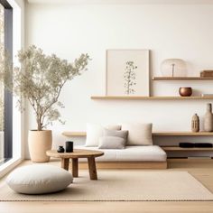 a living room filled with furniture and lots of shelves on the wall next to a window