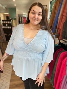 Smocked Surplice Peplum Blouse - Baby Blue-Blouse-Ruby Joy Boutique Romantic Tops, Baby Blue Color, Baby Blue Colour, Fabric Light, Peplum Blouse, Feature Light, Light Brown Hair, Pink Brown, Dark Pink