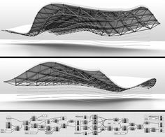 three different views of an architectural structure