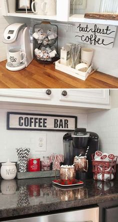 two pictures of coffee bar with cups on the counter