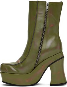 Ankle-high buffed leather boots in green. · Smudging and distressing throughout · Square toe · Pinched seams at vamp · Zip closure at inner side · Grained leather lining · Covered platform midsole · Covered block heel with rubber injection · Rubber sole · Platform: H1.75 · Heel: H4.5 Supplier color: Green Womens Square Toe Boots, Patchwork Boots, Eckhaus Latta, Green Boots, Big Girl Fashion, Square Toe Boots, Big Girl, Black Leather Boots, Cowboy Boots