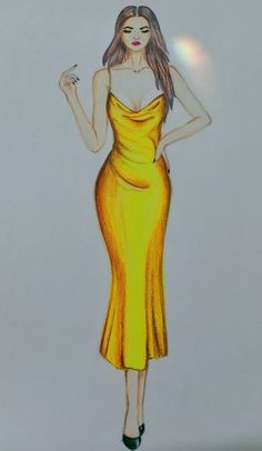 Satin Dress Illustration Sketch, Yellow Fashion Illustration, Satin Gown Illustration, Satin Dresses Drawing, Satin Effect Fashion Illustration, Satin Illustration Fashion, How To Draw Satin Fabric, Satin Dress Sketch, Yellow Dress Illustration