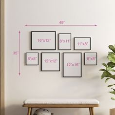 a white bench sitting in front of a wall with six frames on it and a potted plant next to it